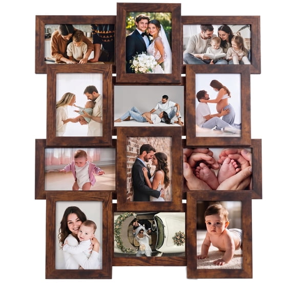12 Opening Collage Picture Frame Holds Twelve 4x6 Inch Photos, Horizontal & Vertical Wall Mount Gallery Photo Frame for Home Wall Decor, Brown