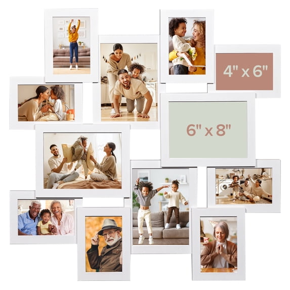12-Opening Wooden Collage Picture Frame Wall Made to Display Eight 4" x 6" and Four 6" x 8" – White made in Ukraine