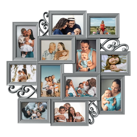 12 Openings Decorative Collage Picture Frame for 4x6 & 5x3.5 Photos, Ornate Scroll Grey Multi‑Photo Gallery Wall Frame, 21.9”W × 20”H Vintage Wall Hanging Photo Collage for Home Decor