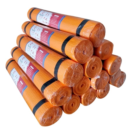 12 Orange Yoga Mats Bulk Pack For Kids PE Classrooms Adults - Non Slip SGS Metal Lead Latex Free Easy To Clean Exercise Mat For Stretching Fitness Multi Use Purpose Set - Carrying Strap