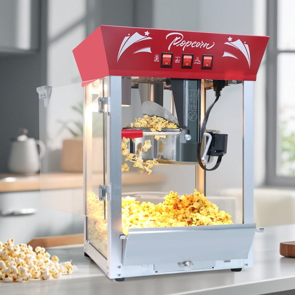 12 Ounce 850W Tabletop Popcorn Popper, Popcorn Maker Machine, Kettle Stainless Steel, Popcorn Maker with Tempered Glass, Warming Deck, for Parties, Events, and Home Theater, Red
