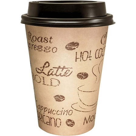 12 Ounce Disposable Paper Coffee Hot Cups with Black Lids - 50 Sets - Coffee Latte Macchiato To Go Medium Portion