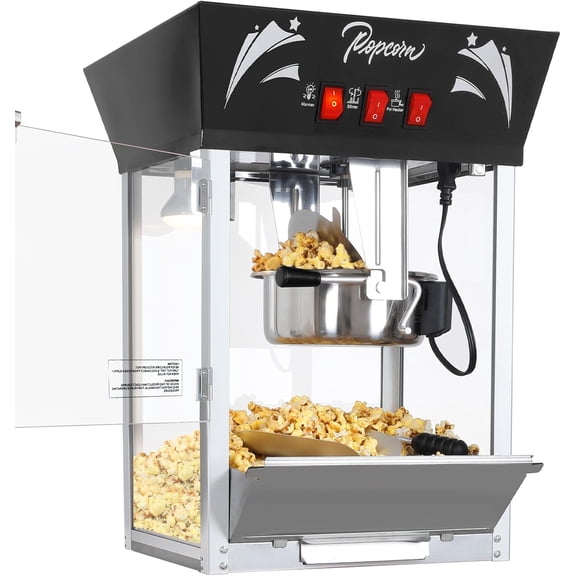 12 Ounce Kettle Stainless Steel Commercial Popcorn Machine with Tempered Glass,Warming Deck, 850W Countertop Popcorn Popper for Parties (Black, 12 Ounce)