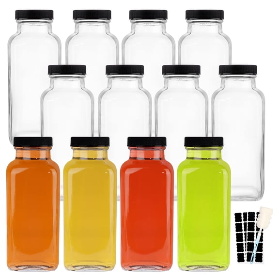 12 Ounce Square Glass Drinking Bottles Set of 12 with Lids and Accessories