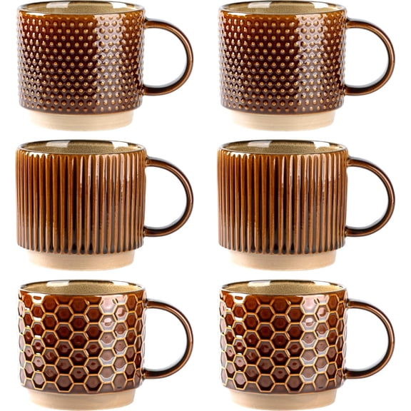 12 Ounce Stackable Ceramic Coffee Mugs Set of 6 for Latte Cappuccino Cocoa Dishwasher and Microwave Safe Caramel