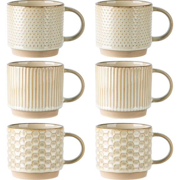 12 Ounce Stackable Ceramic Coffee Mugs Set of 6 for Latte Cappuccino Cocoa Dishwasher and Microwave Safe Pale Khaki