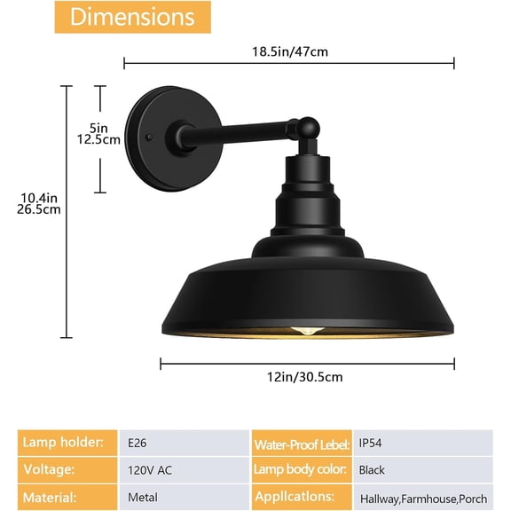 12" Outdoor Gooseneck Barn Light, Black Farmhouse Barn Wall Light, Waterproof Exterior Light Fixture for Garage, Porch, , or Shed