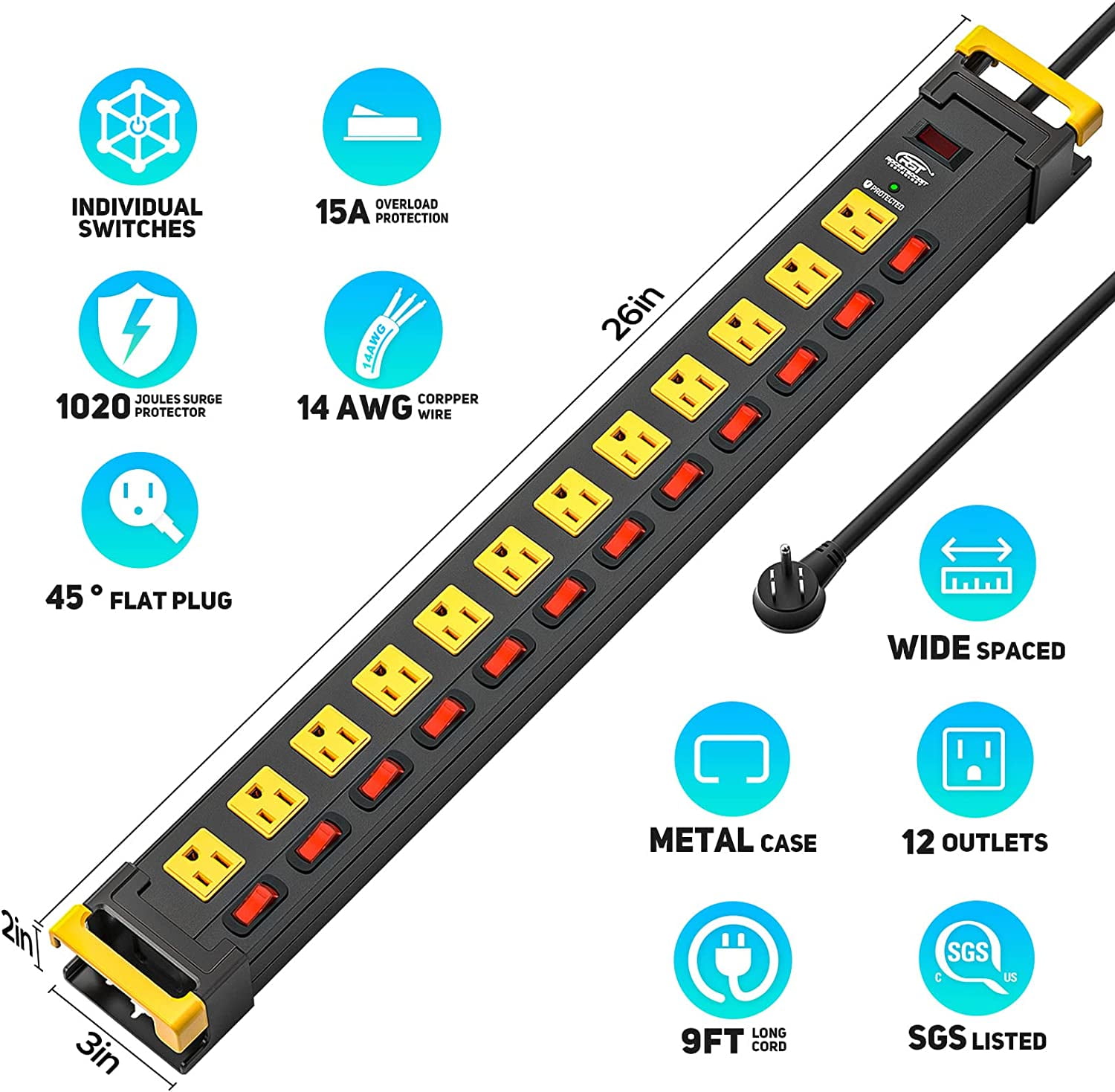 12-Outlet Heavy Duty Metal Power Strip with Individual Switches, Wide Spacing for Bulky Plugs, 9FTCord with Cable Management, 1020J Surge Protector for Garage, Workshop, Home (15A/1875W)