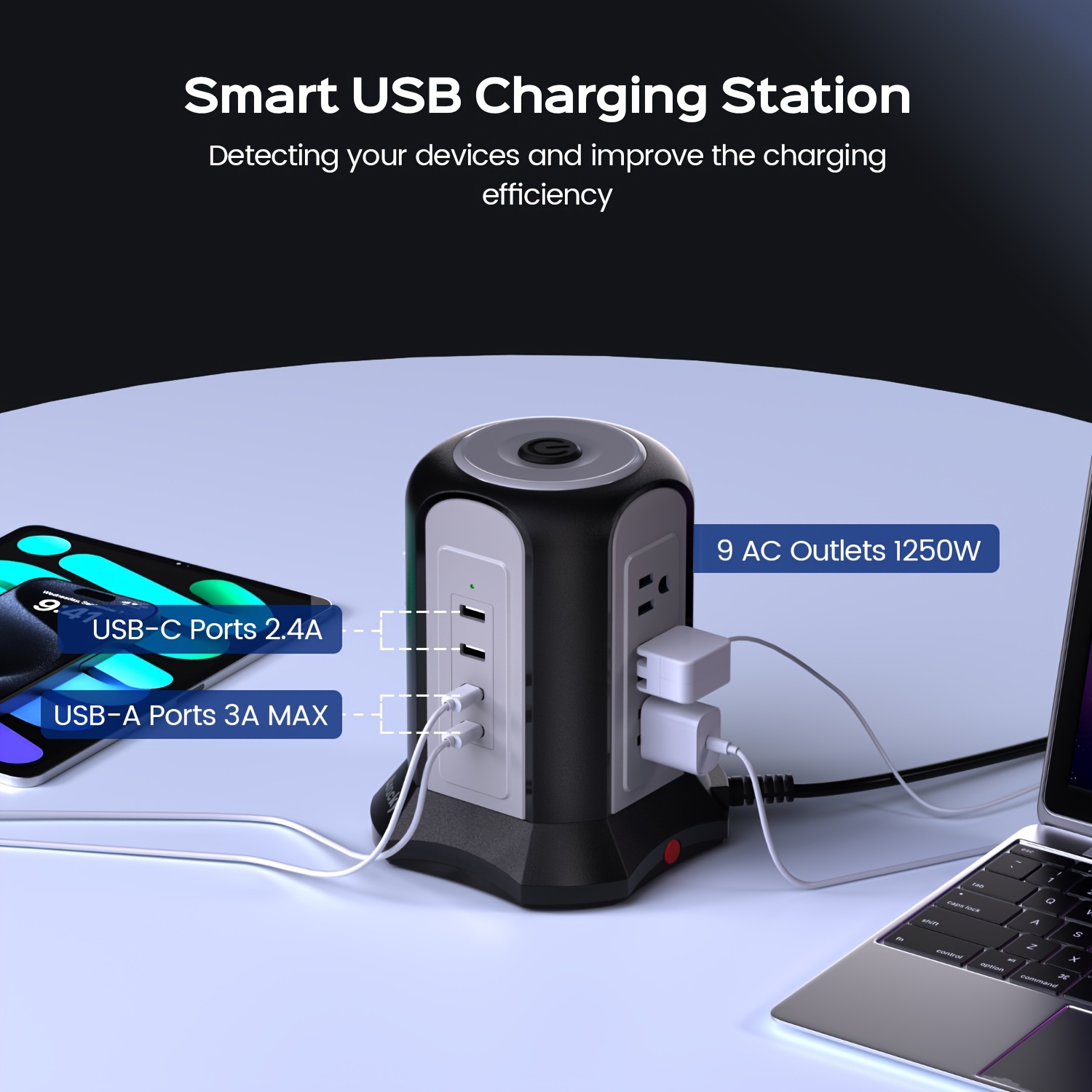 Computer Charger Tower 12-Outlet Power Strip Tower w/ 35W USB-A & USB-C Charging, 20W PD Fast ...