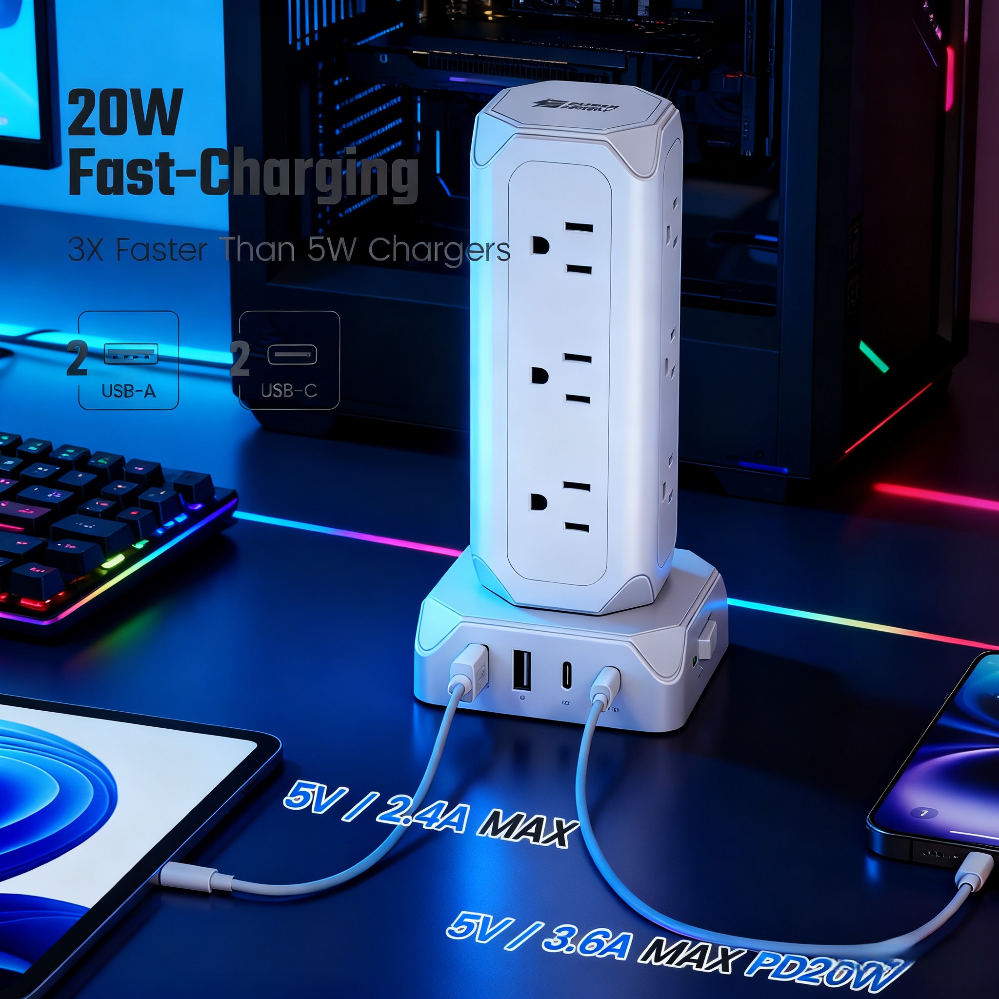 Computer Charger Tower 12-Outlet Power Strip Tower w/ 35W USB-A & USB-C Charging, 20W PD Fast ...