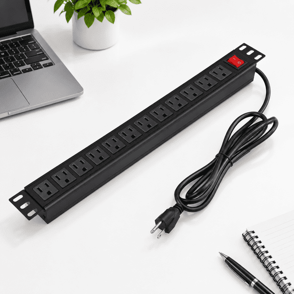 12-Outlet Rack-Mount Power Distribution Unit, Black 6FT, Heavy Duty Metal Mountable PDU