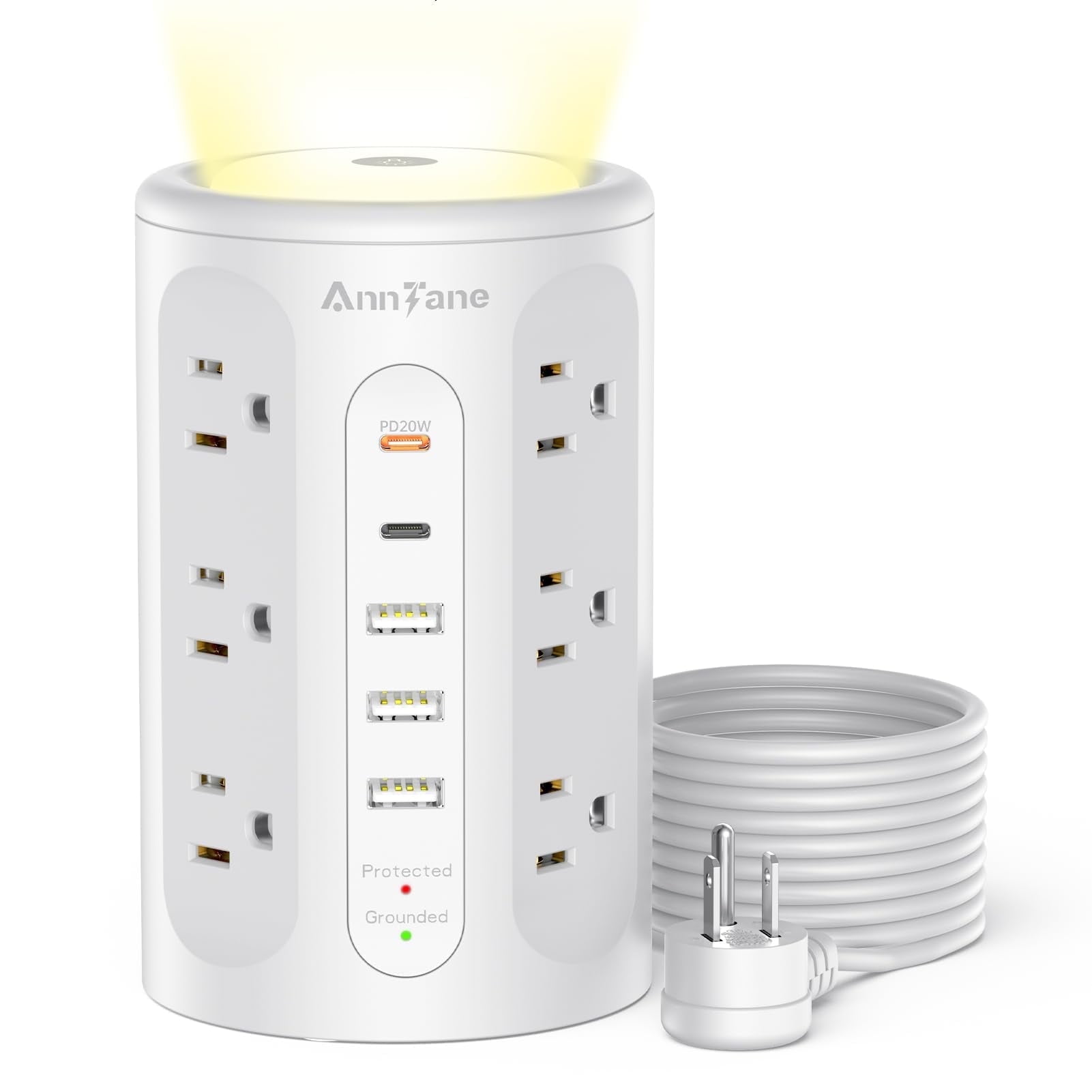 12 Outlets Power Strip Tower with Night Light, Surge Protector with 5 USB(4U+2C) Ports 10 FT Extension Cord, White