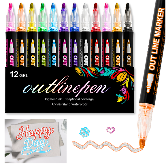 12 Outline Glitter Markers, Double Line Self Outline Metallic Shimmer Pens for Doodle Drawing, Greeting Cards, Journaling, Scrapbooking, DIY Art Crafts and Gifts