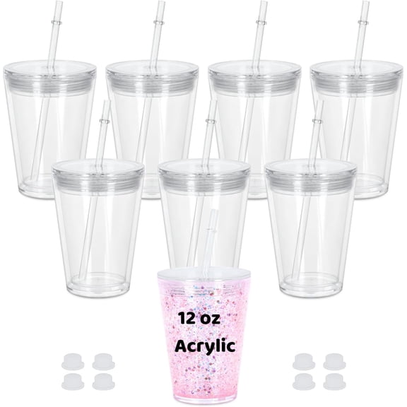 12 Oz Acrylic Kids Snowglobe Tumbler, 8 Pack Pre-Drilled Double Wall Plastic Snow Globe Cup for Glitter Snow Globe Diy