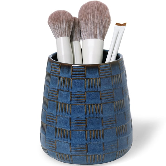 12 Oz Ceramic Makeup Brush Holders, Bathroom Vanity and Countertop, Make up Brushes Cup for Cosmetics, Lipsticks, Bathroom Vanity Desktop Storage (Vintage Blue)