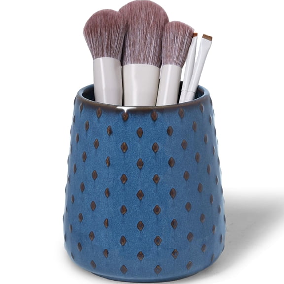 12 Oz Ceramic Makeup Brush Holders, Farmhouse Bathroom Vanity and Countertop, Brushes Cup for Bathroom Cosmetics, Lipsticks, Vanity Desktop Storage (Vintage Blue)