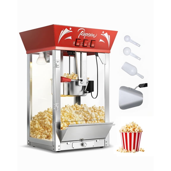 12 Oz Commercial Popcorn Machine, 850 W, Movie Theater Popcorn Machine, Red Tabletop Pop corn Machine with 3-Switch Control & Steel Frame Tempered Glass Doors for Home Theater
