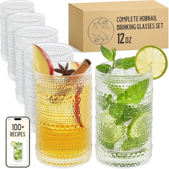 12 Oz Hobnail Drinking Glasses Set of 6 - Clear Multipurpose Glassware Sets, Decorative & Stylish Glasses Drinking Set for Bar, Kitchen,  Glassware, Garden - , Dining, & Kitchen