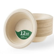 GPED 12 Oz Paper Bowls, 125 Pack Heavy Duty Disposable Bowls, Compostable Biodegradable Sugarcane Bagasse, Perfect for Soup, Salad, Dessert, Popcorn, Cereal and Milk, Natural Brown