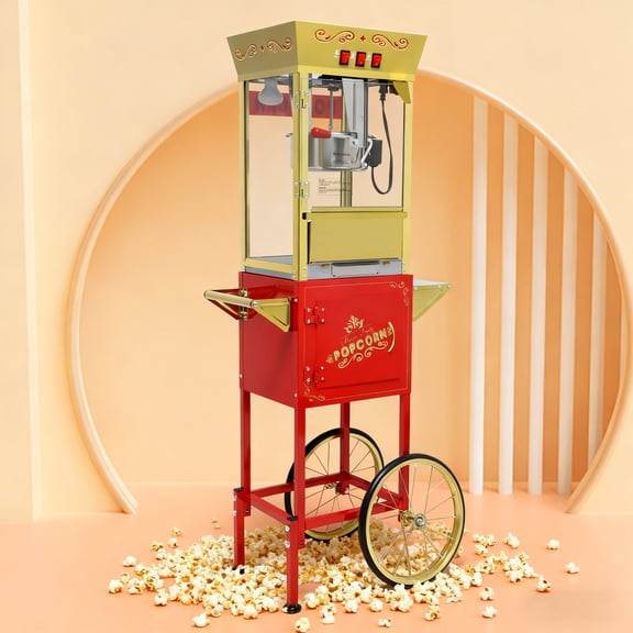 12 Oz Popcorn Machine with Cart, Popcorn Maker Machine with Stainless-Steel Kettle Makes Up to 48 Cups, Movie Theater Pop Corn Maker with 3-Switch Control & Tempered Glass Doors(Red)
