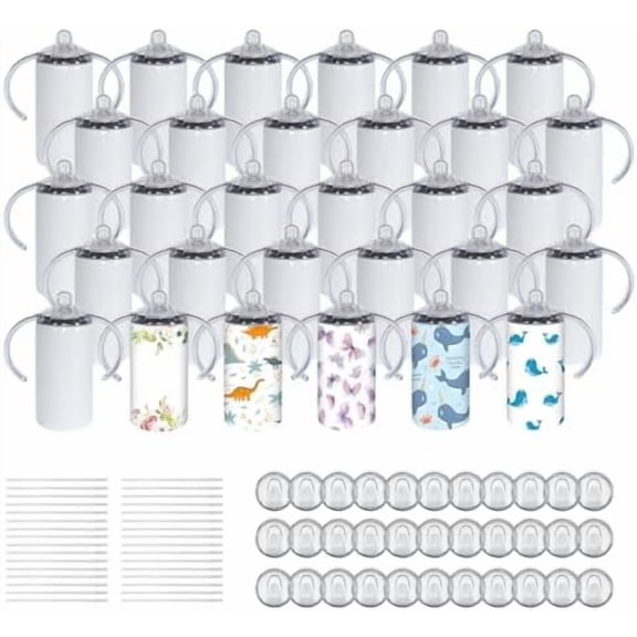 12 Oz Sublimation Sippy Cup, 30 Pack Kids Sublimation Tumblers with Handle, 2 Lids, Insulated Skinny Tumblers Blanks Stainless Steel Double Wall Vacuum Insulated Cups Gift for Water Milk Boys Girls