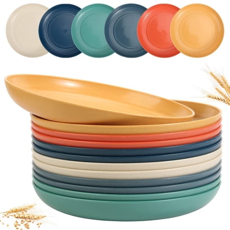 12 PACK 6 Inch Lightweight Wheat Straw Plates, Microwave and Dishwasher Safe BPA Free and Healthy Wheat Straw Plates, Unbreakable Deep Dinner Plates