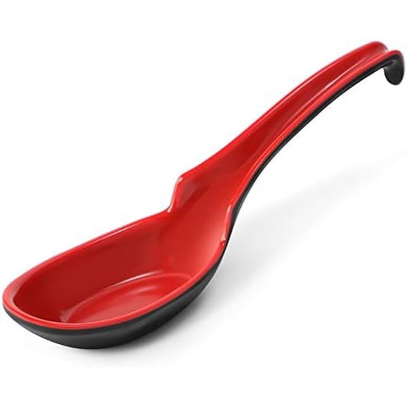 12 PACK Asian Soup Spoons, Rice Spoons, Melamine Chinese Won Ton Soup Spoon For soba, pho, ramen, Noodle, Korean Style Large Spoon with Long Handle- Notch and Hook Style, Red Black