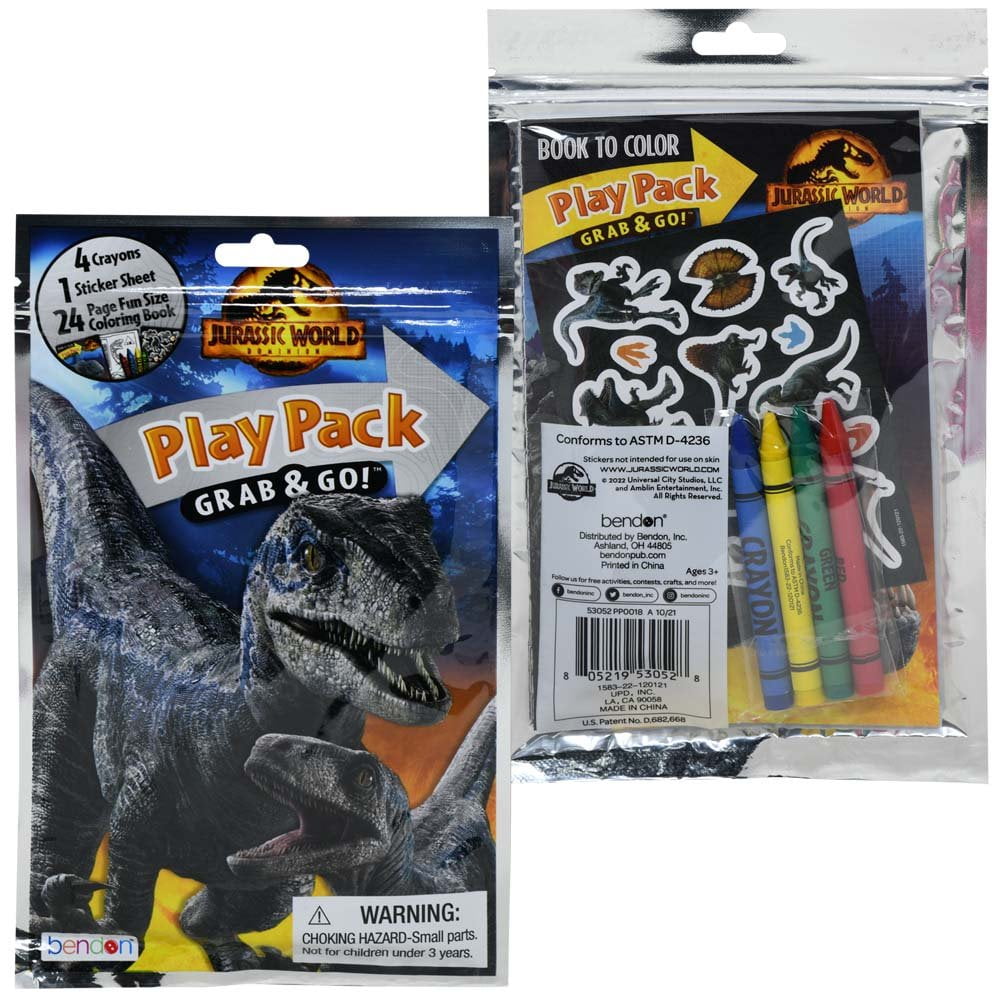 12 PACK Jurassic World Grab n Go Play Pack Bulk- 4 CRAYONS , 1 STICKER SHEET, 24 PAGE FUN SIZE COLORING BOOK