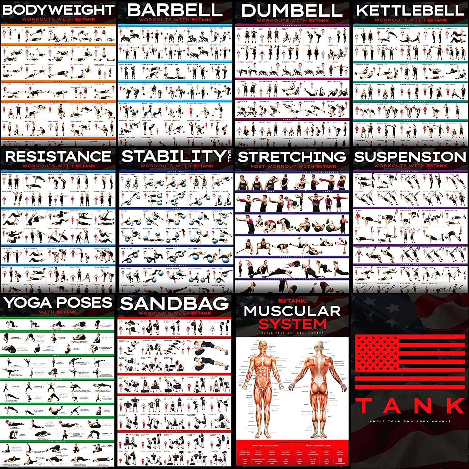 [12-PACK] Laminated Large Workout Poster Set - Perfect Workout Posters for Home