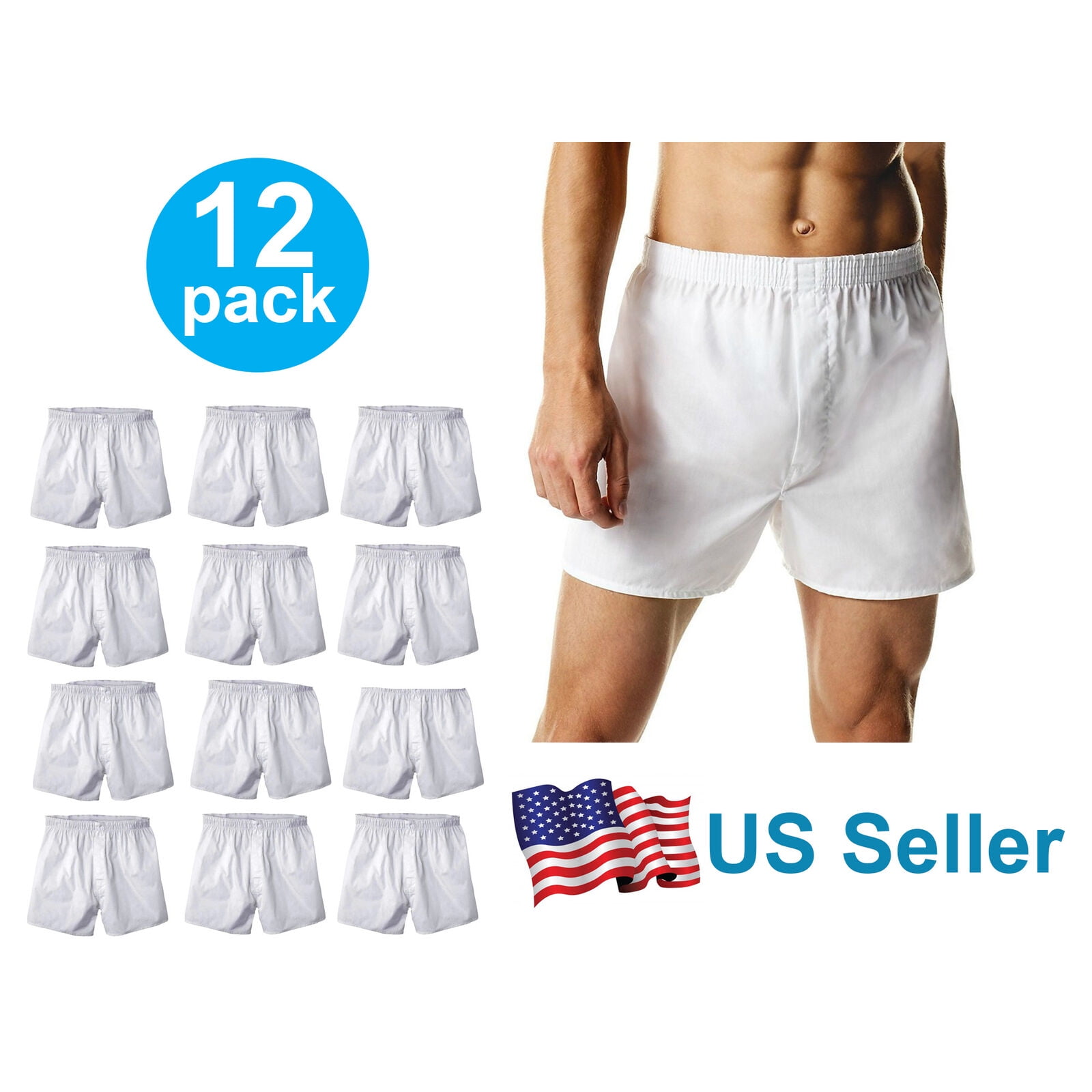 12 PACK Men's Medium White Cotton Boxer Shorts with Flex Waistband