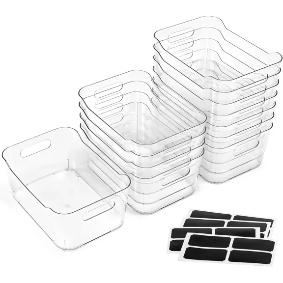 12 PACK Multi-Use Clear Plastic Storage Bins for Organizing W/ Labels - Home, Kitchen, Bathroom, Office, Pantry Cabinet Shelf Organizer Bins - SOHO Collection, RV, Fridge Organization Containers