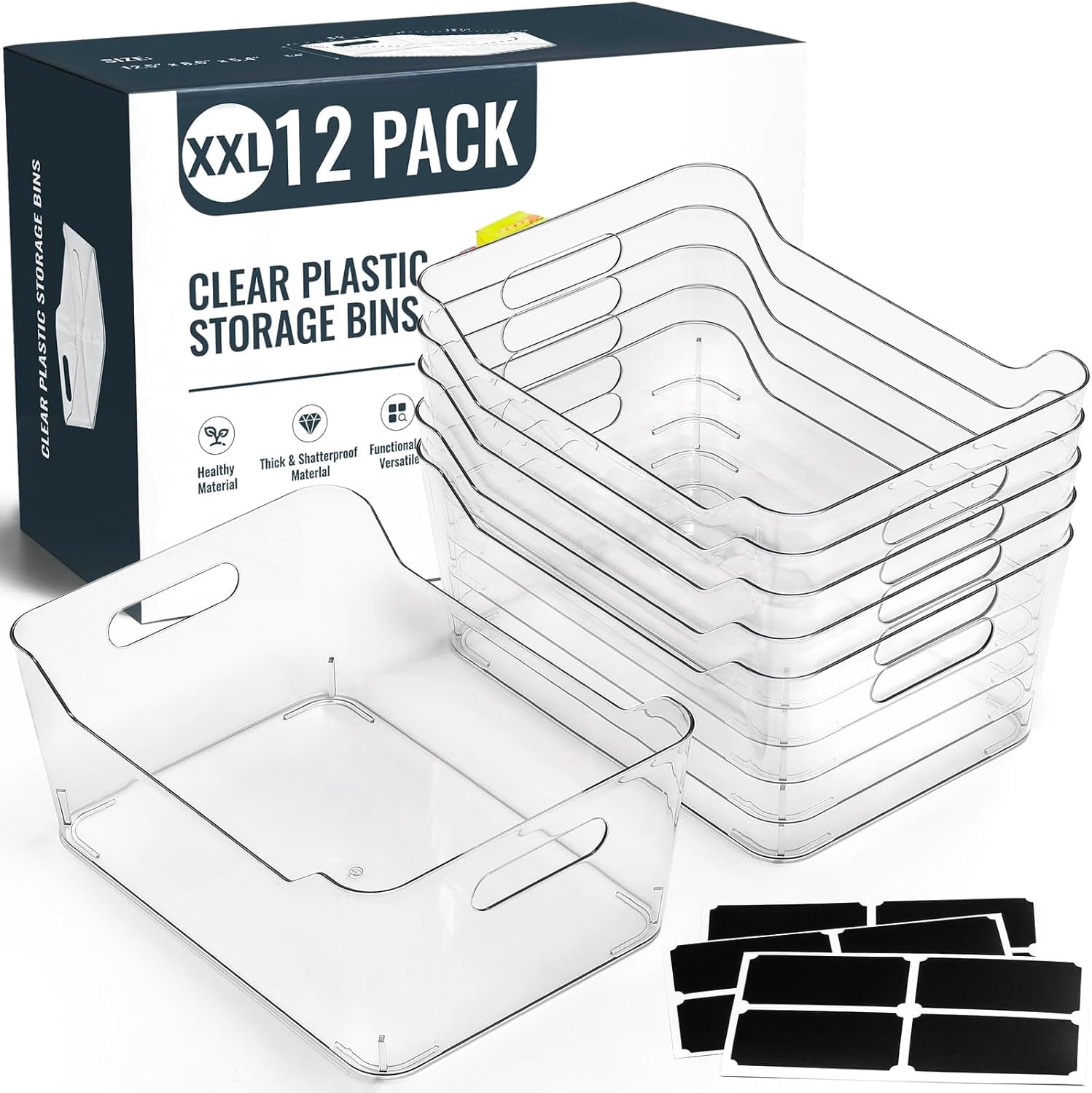 12 PACK Multi-Use Clear Plastic Storage Bins for Organizing w/Labels - Home, Kitchen, Pantry, Bathroom, Office, Cabinet Shelf Organizer Bins  Collection, RV, Fridge Organization Containers - L