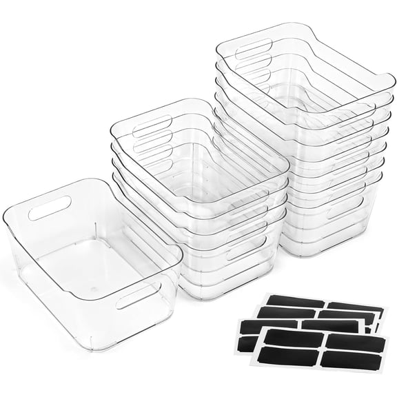 12 PACK Multiuse Clear Plastic Storage Bins for Organizing w/ Labels - Home, Kitchen, Bathroom, Office, Pantry Cabinet Shelf Organizer Bins - SOHO Collection, RV, Fridge Organization Containers
