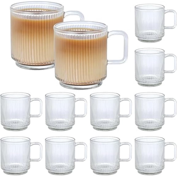 12 PACK Premium Glass Coffee Mugs with Handle, 12 OZ Classic Vertical Stripes Glass Coffee Cups, Transparent Tea Cup for Hot/Cold Beverages, Glassware Set for Americano, Latte, Cappuccino