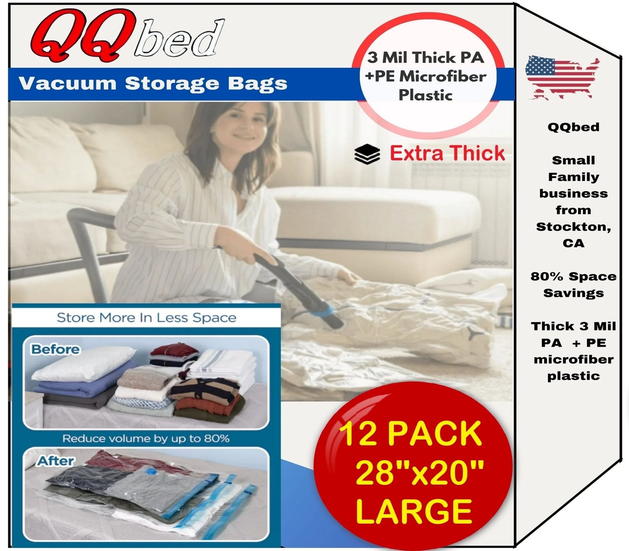QQbed Vacuum Storage Bags for Clothes and Bedding, 12 Pack Large, for Beds and Closets