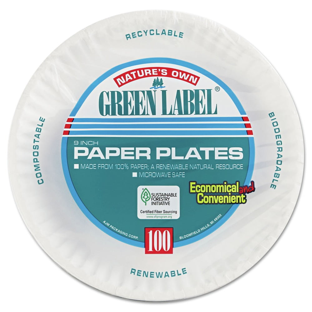 12 PACKS : AJM AJMPP9GRA Green Label Paper Plates, Microwavable, 9" Diameter.