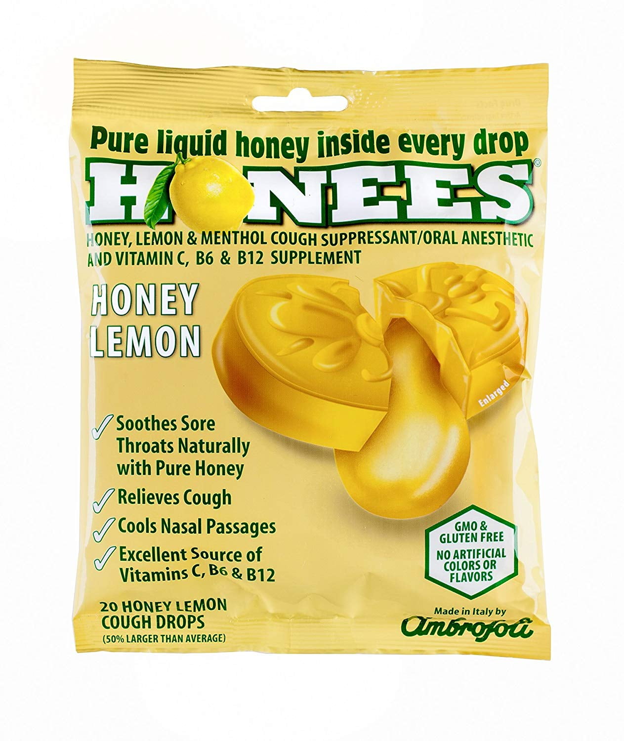 Honees Honey Lemon Soothing Throat Lozenges, 12 Packs of Menthol Cough