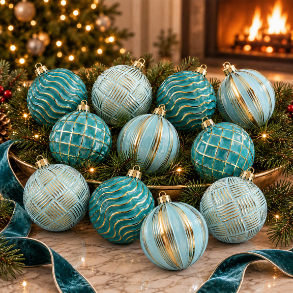 12 PC Shatterproof Christmas Ball Ornaments with Turquoise Gold Geometric Patterns and Metal Hanging Caps for Tree Decor
