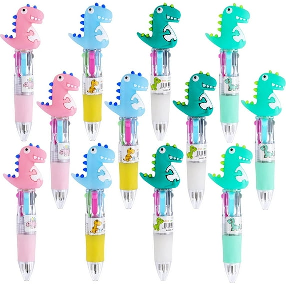 12 PCS 0.5mm 4-in-1 Multicolor Ballpoint Pens, 4 Colors Retractable Gel Pens Cute Mini Ballpoint Pens, Fun Cartoon Pens for Office Supplies Gifts(Dinosaur)