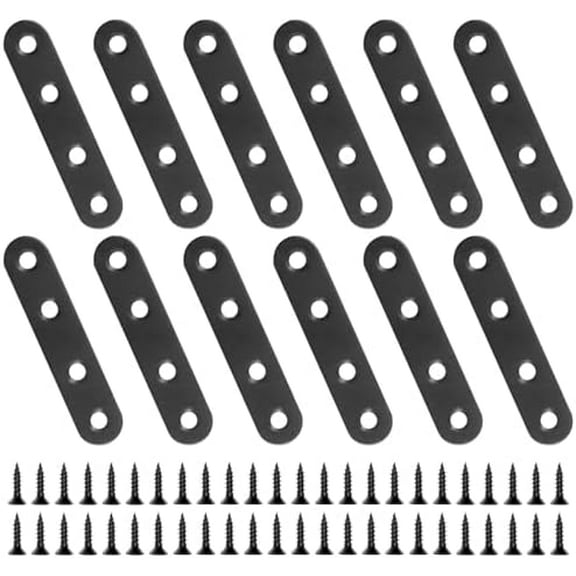 12 PCS 2.99'' x 0.63'' Stainless Straight Flat Brackets, Black Flat Metal Brace Bracket, Support Flat Metal Brace for Wood Furniture, Mending Plate Connector Joining Bracket for Fence,48 Screws