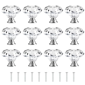 [12 PCS] 30mm Crystal Clear Glass Cabinet Drawer Pulls, Attom Tech Diamond Shape Cupboard Knobs with Screws for Kitchen, Dresser, Cupboard, Bathroom, Wardrobe (1.2 inch / 30 mm)
