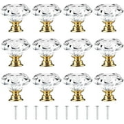 [12 PCS] 30mm Crystal Clear Glass Cabinet Knobs Drawer Pulls Golden Base , Tomorotec Diamond Shape Cupboard Knobs with Screws for Kitchen, Dresser, Cupboard, Bathroom, Wardrobe (1.2 inch / 30 mm)