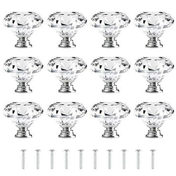 [12 PCS] 40mm Crystal Clear Glass Cabinet Drawer Pulls, Attom Tech Home Diamond Shape Cupboard Knobs with Screws for Kitchen, Dresser, Cupboard, Bathroom, Wardrobe (1.6 inch / 40mm)