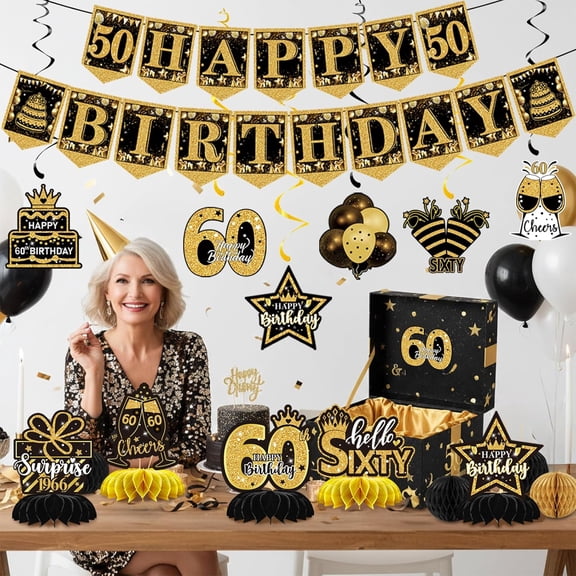 12 PCS 60th Birthday Decorations Set, Black Gold Happy Banner, Hanging Swirls and Honeycomb Centerpieces for 1966 Sixtieth Party Table Decor