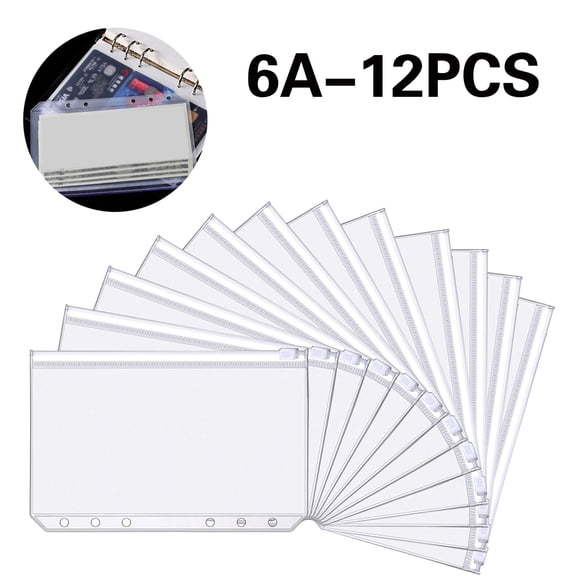12 PCS A6 Binder Pockets, Plastic Pouches, Clear Zipper Pouch Folders, Clear Pencil Pouch, Cash Envelopes, Clear Waterproof Envelope Pouch with Zipper for Office Supplies