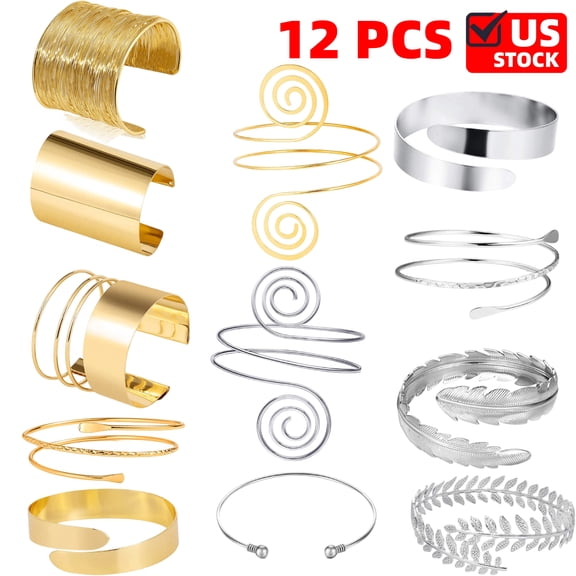 12 PCS Arm Cuff Bracelet Set - Minimalist Simple Swirl Open Wide Wire Upper Arm Band Bracelets for Women - Adjustable Bangle