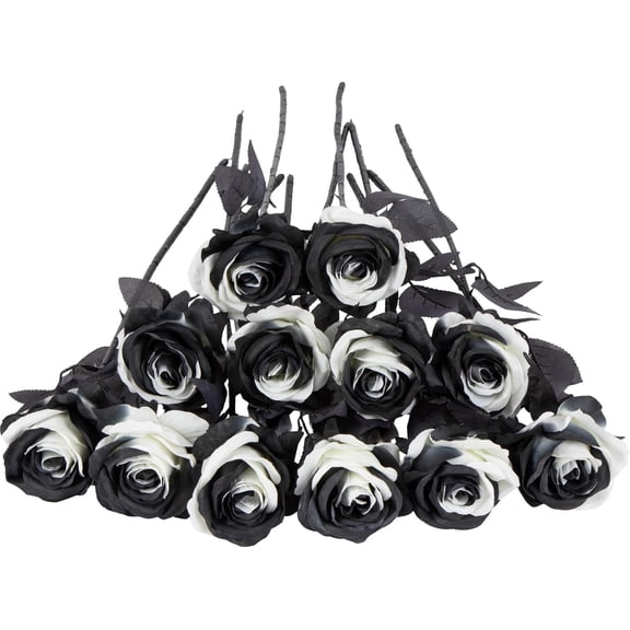 12 PCS Artificial Flowers Black Roses, Fake Silk Flower Long Stem Artificial Black Rose for Halloween Home Wedding Party Decorations(Black)