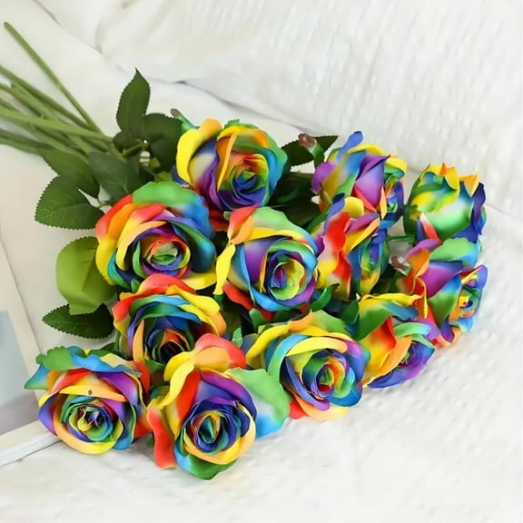 12 PCS Artificial Flowers Rainbow Roses Silk Flowers Fake Long Stem Artificial Colorful Roses for Christmas Home Wedding Bathroom Kitchen Decorations (Colorful)