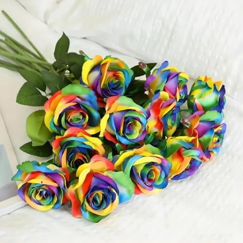 12 PCS Artificial Flowers Rainbow Roses Silk Flowers Fake Long Stem Artificial Colorful Roses for Christmas Home Wedding Bathroom Kitchen Decorations (Colorful)