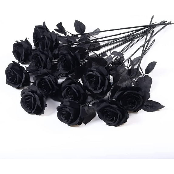 12 PCS Artificial Flowers Roses Fake Silk Flowers Long Stem Faux Flowers Roses for Home Wedding Party Outdoor Decorations(Full Black)